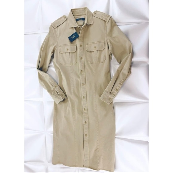 NWT Polo Ralph Lauren Sz 8 Beige Utility Military Shirt Dress Button Front NEW